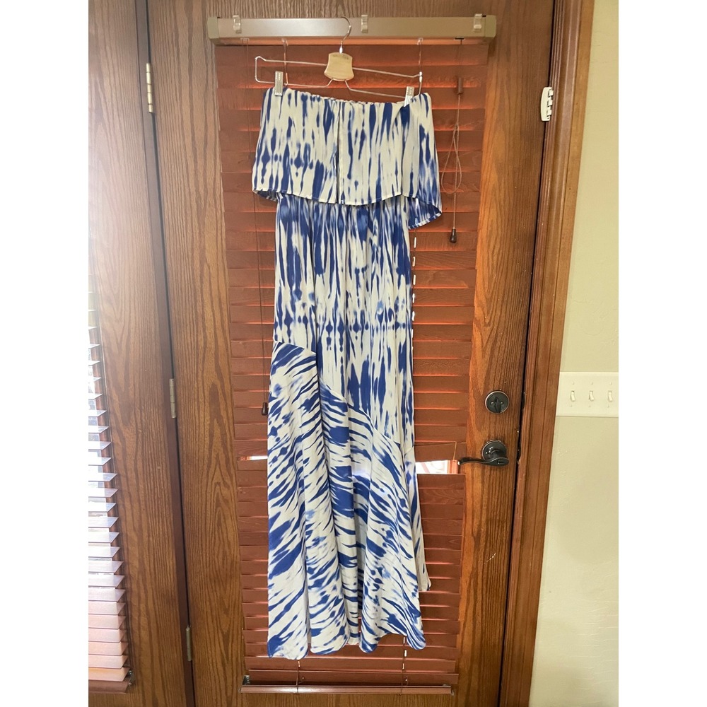 Habitual Blue White Ikat Strapless Popover Maxi Dress Size M Side Slit Summer - Picture 3 of 8